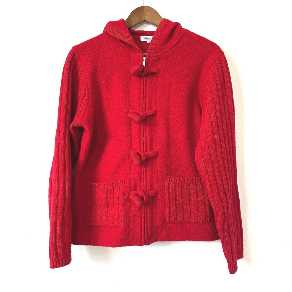 Red Wool Toggle Cardigan Sweater‎ Jacket Hooded L Cozy Cabin Cottage